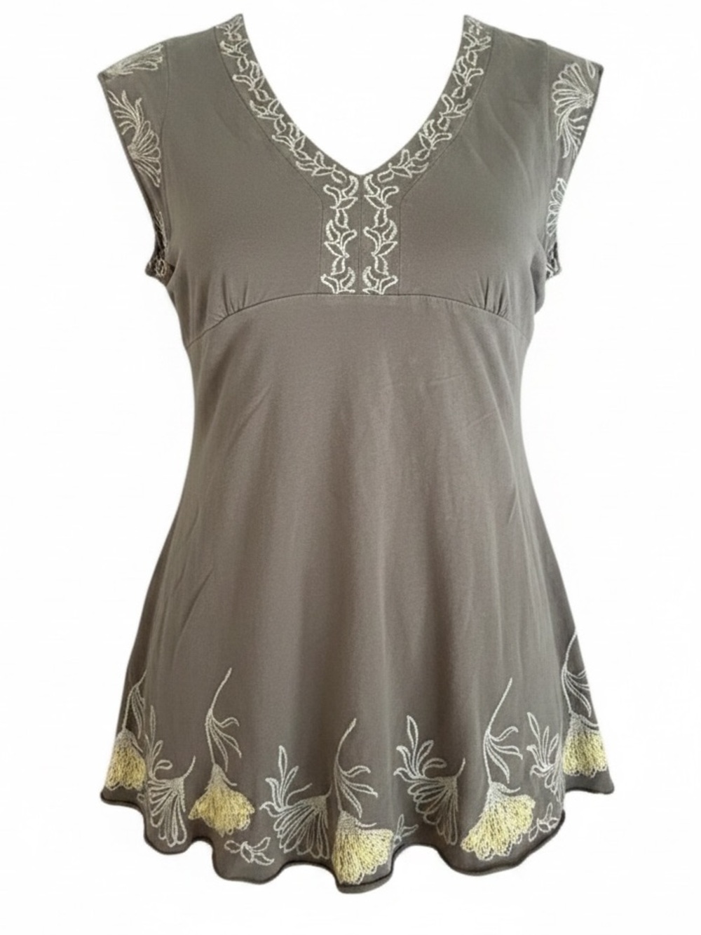 BCBG Maxazira Women's Gray Embroidered V-Neck Tunic Top SZ L EUC